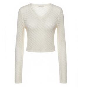 Cream Crochet Knit V Neck Long Sleeve Swim Cover Up Top Medium Vacation Beach